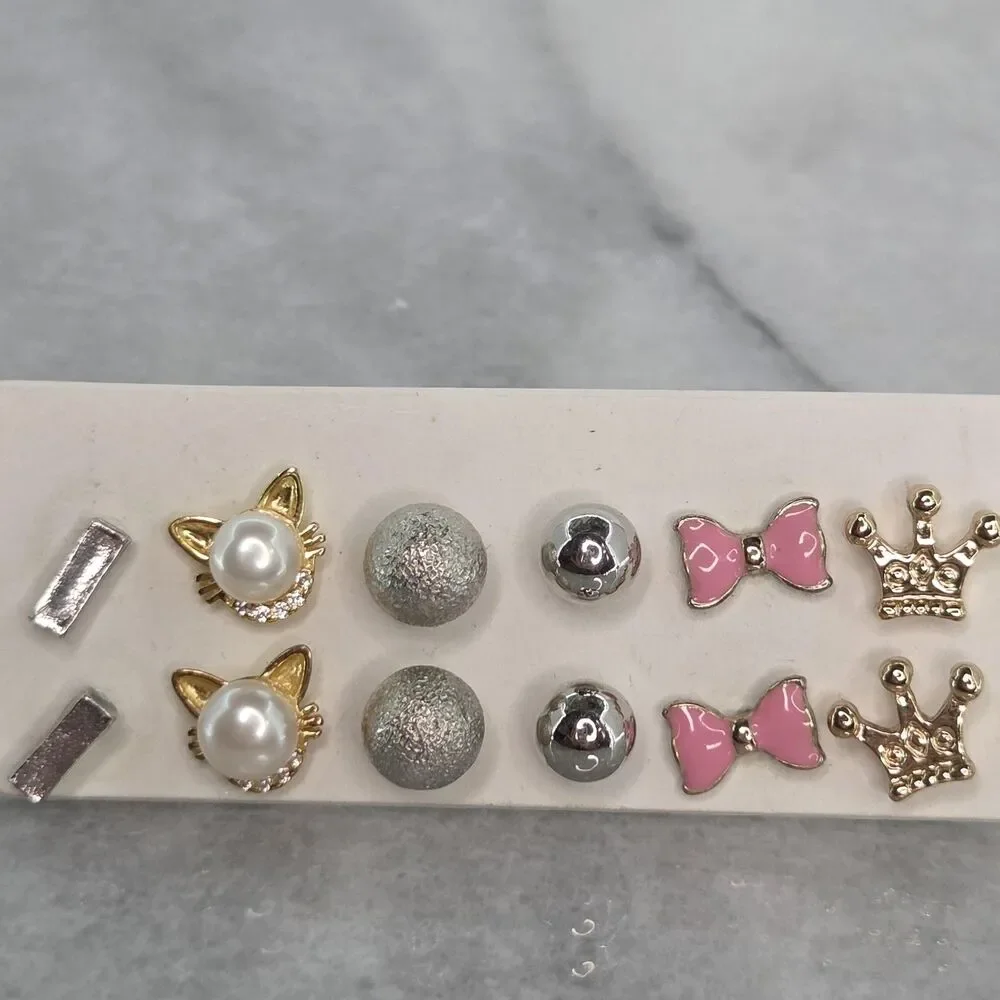 Kids Stud Earrings Set 6 Pairs Cat Pearl Pink Bow Crown Ball Multicolor Enamel